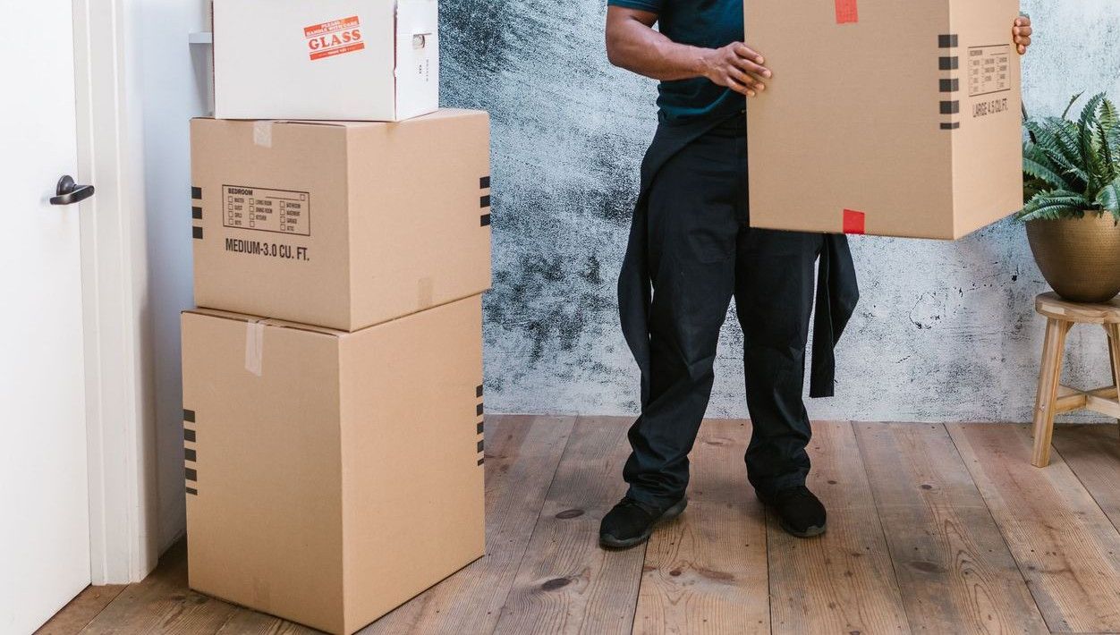 Afro-haired man wearing coveralls holding a cardboard box indoors surrounded by potted plants.